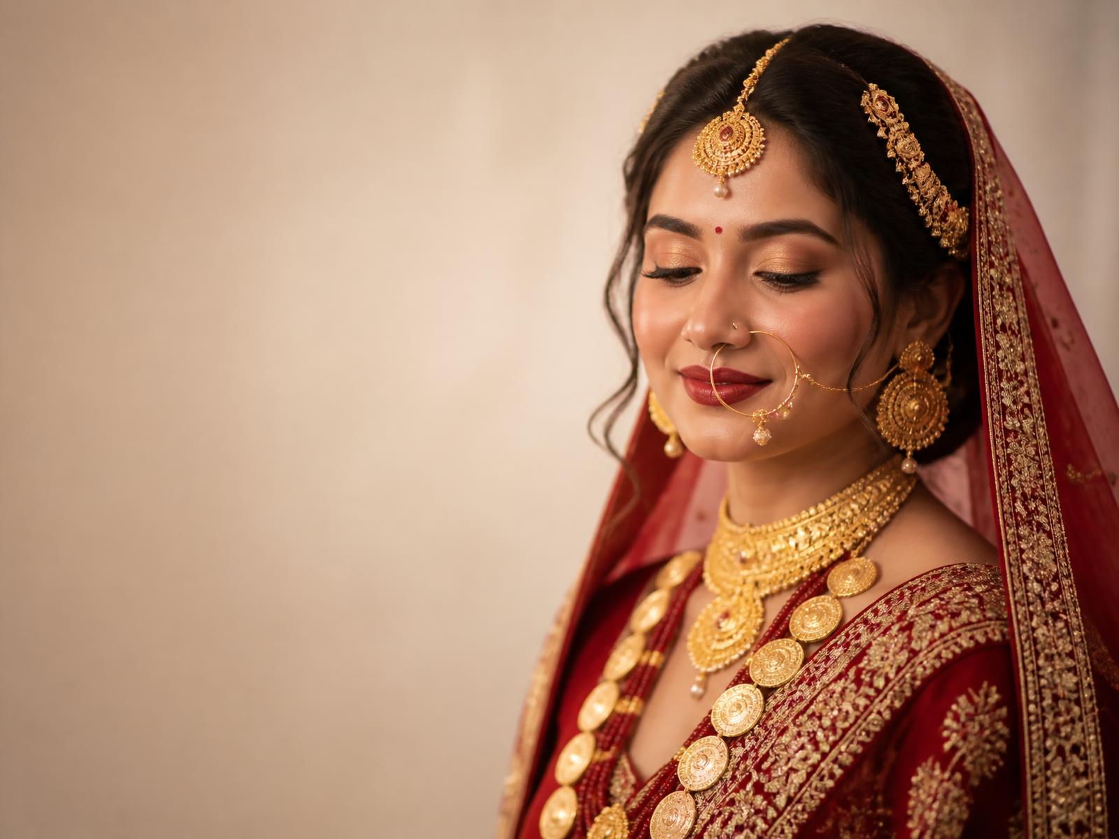Nepali bride wearing traditional gold tilhari, nath and mang tikka jewellery